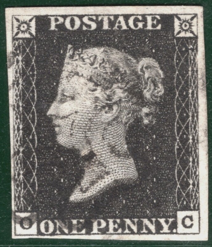 GB PENNY BLACK QV 1840 Stamp SG.2 1d Plate 1b (OC) AS5 Used MX Cat £400 YOR31