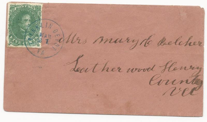 CSA Scott #1 Stone 2 Pos 37 Overinked Blue Franklin Depot VA CDS March 21 (1862)