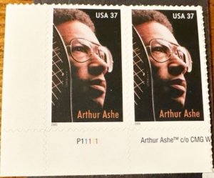 US# 3936 Arthur Ashe joined pair with plate # 37c 2005 Mint NH