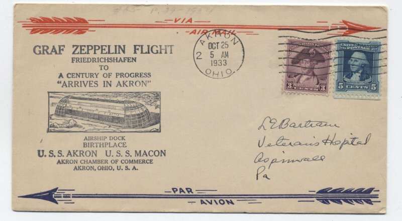 1933 Akron OH century of progress zeppelin flight arrival cachet cover [6525.358