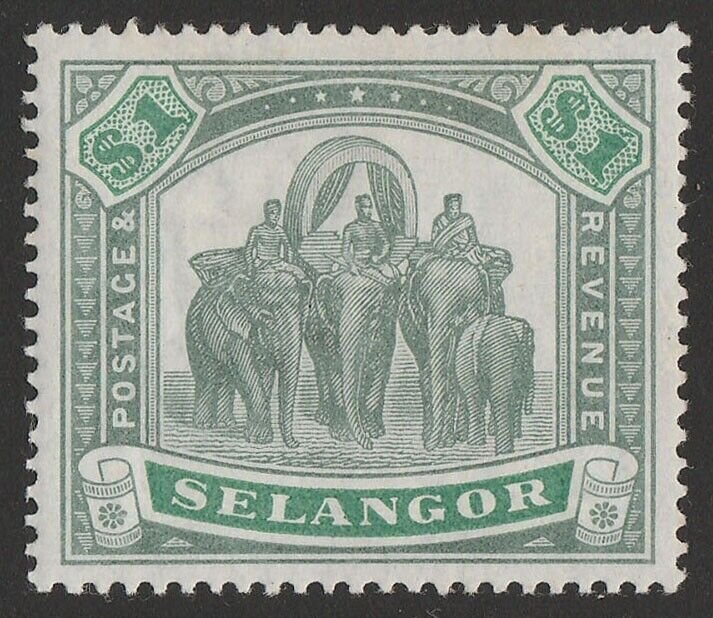 MALAYA - Selangor 1895 Elephants $1 green & yellow-green.