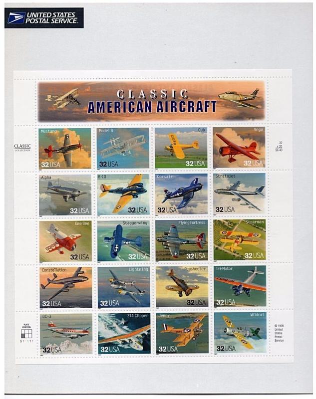 US Sc #3142 Classic American Aircraft Full Sheet Still in Wrapper MNH