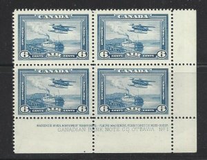 Canada Air Mail (C6) Plate Block OGNH Superb CV $45 ++