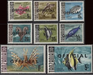 Tanzania O9-O16 (mnh set of 8) fish, ovptd “OFFICIAL” (1967)