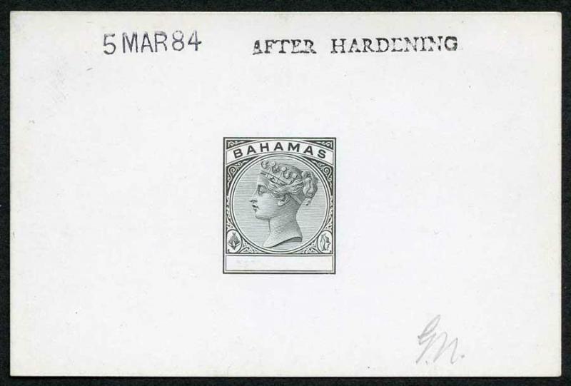 Bahamas 1884 Master Die Proof in black on glazed card 5 MAR 84 AFTER HARDENING