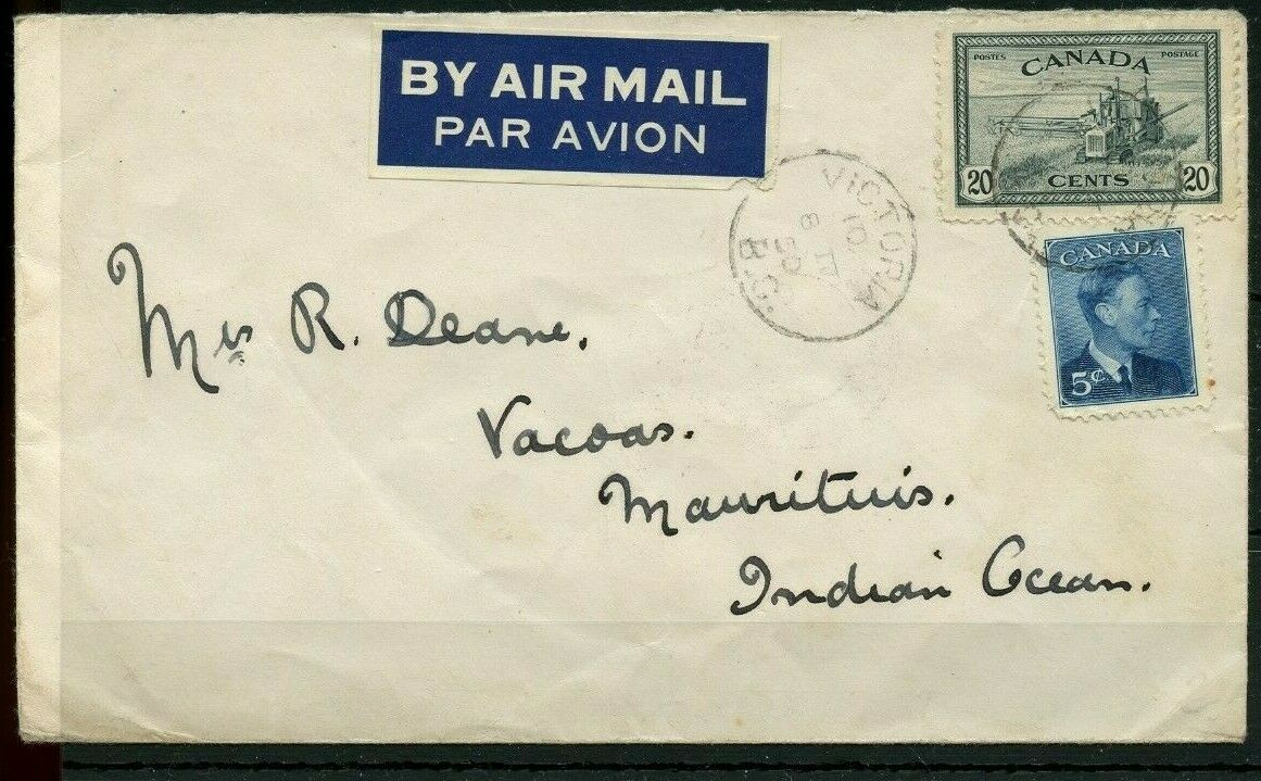 RARE 25c per1/4oz airmail rate to MAURITIUS, Indian Ocean1950 PEACE