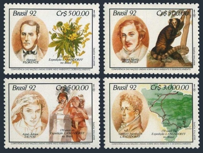 Brazil 2363-2366, MNH. Mi 2472-2475. Langsdorff Expedition, 1992. Monkey, Map,