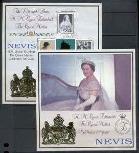 Nevis 1999 Queen Mother 100th Birthday gold foil embossed 2xMS MUH