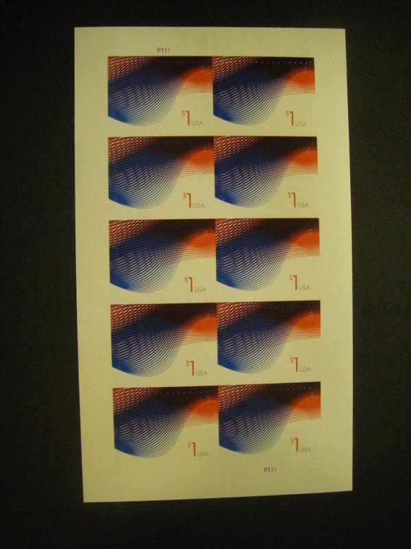 Scott 4953, $1 Patriotic Waves, Pane of 10, #P111 UL & LR, MNH Beauty