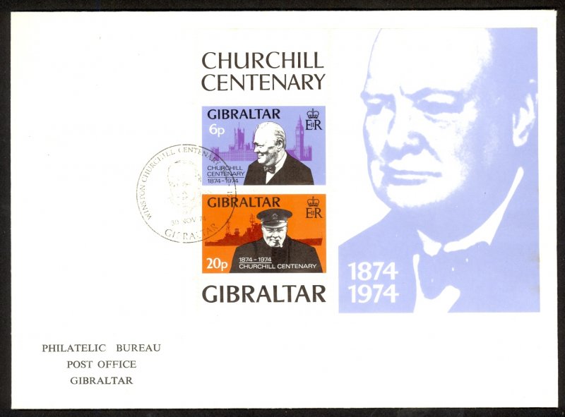 GIBRALTAR 1974 Sir Winston Churchill Souvenir Sheet  Sc 317a FDC