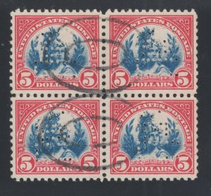 US Sc 573 used 1923 $5 Head of Freedom Statue, Perfin Block of 4, VF