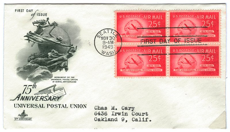 Scott C44 1949 25c UPU Airmail First Day Cover Cat $3.75