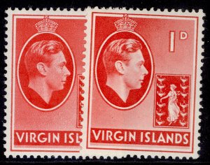 BRITISH VIRGIN ISLANDS GVI SG111 + 111a, 1d PAPER VARIETIES, M MINT.