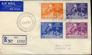 NOUVELLES HEBRIDES  1949 UPU REG- FIRST DAY COVER MAILED TO PUTARURU NEW ZEALAND