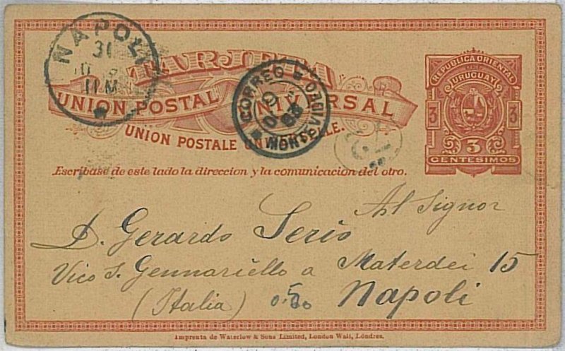 37563 -URUGUAY - POSTAL HISTORY - POSTAL STATIONERY: H & G # 34 - to NAPOLI 1893