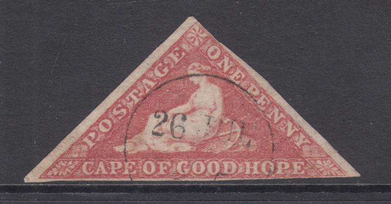 Cape of Good Hope Sc 3, SG 5a used 1858 1p Hope Seated triangular, Die A, F-VF