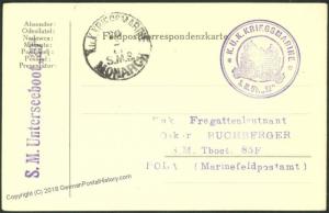 Austria KuK Navy U-Boot U29 Submarine WWI Feldpost Cover 35104