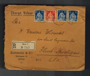 1920 Bern Switzerland Registered Cover to Flint Michigan USA