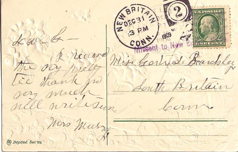 United States Connecticut Missent to New Britain, Conn.  1909 violet sl  PC.