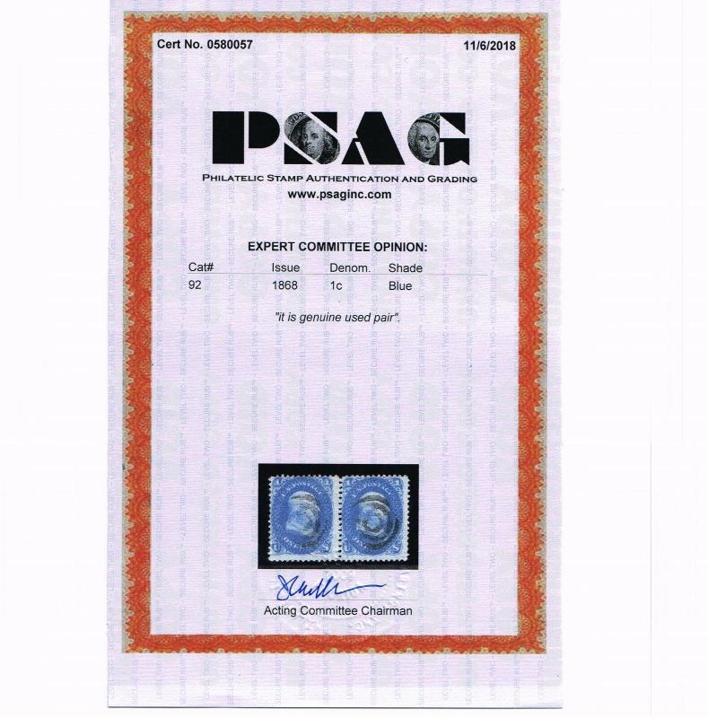 EXCEPTIONAL GENUINE SCOTT #92 VF USED PAIR 1868 BLUE PSAG CERT CLEAR F-GRILL 