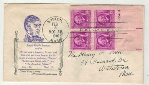 1940 FAMOUS AMERICANS PLATE BLOCK 861-15B Author Ralph Waldo Emerson By Holland