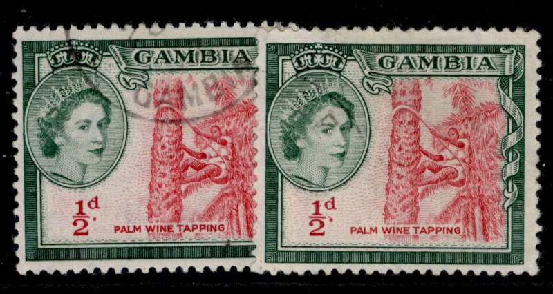 GAMBIA QEII SG171 + 171a, ½d SHADE VARIETIES, FINE USED.