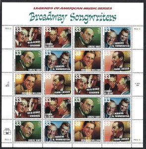 United States #3345-3350 33¢ Broadway Songwriters (1999). Mini-sheet of 20. MNH