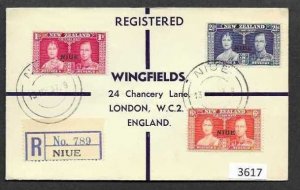 (3617) George VI Coronation 1937 Cover, NZ, Niue overprint Regis. 789