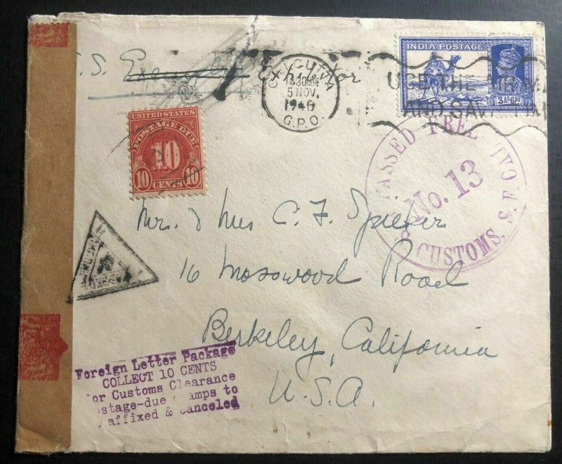 1940 Calcutta India  Censored Cover To Berkeley Ca USA Postage Due