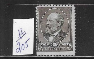 US #205 1882 JAMES GARFIELD 5 CENTS (BROWN)- MINT LIGHT HINGED