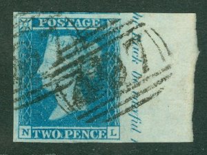 SG 14 1841 2d blue plate 3 lettered NL. Full right hand sheet marginal with... 
