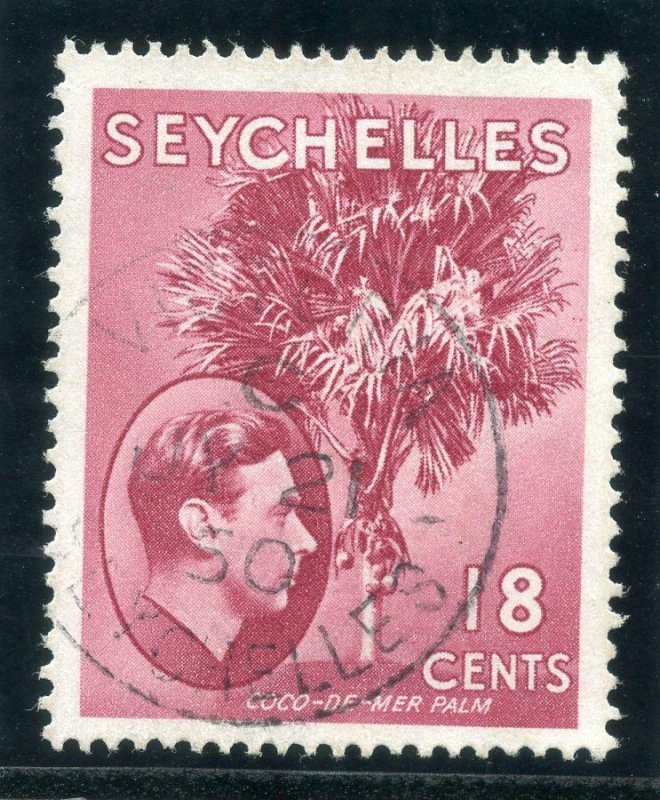 Seychelles 1949 KGVI 18c rose-carmine very fine used. SG 139cb.