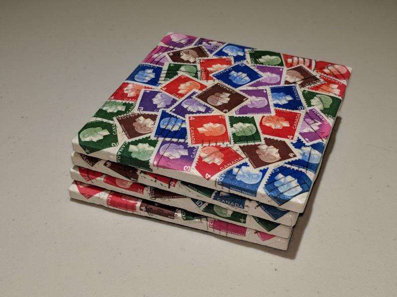 Stamp Pickers Krafty Stamps Brand Name Coasters x 4 Canadian QEII Real Stamps