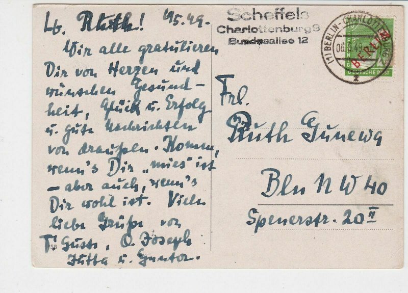 Berlin 1949 Charlottenburg Cancel Vase of Flowers Picture Stamps Card Ref 26074