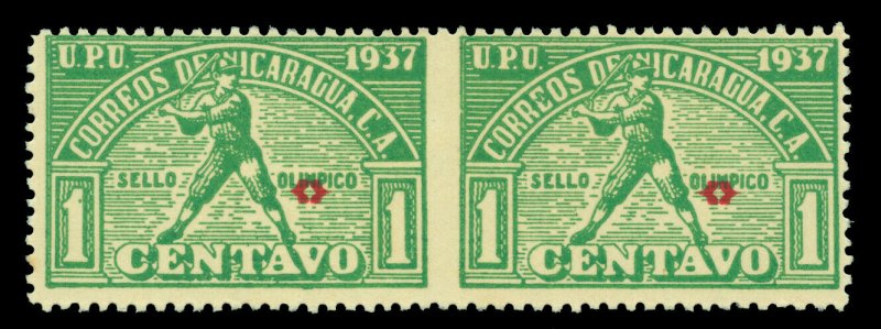 NICARAGUA 1937 Postal Tax  BASEBALL 1c green Sc#RA58  IMPERF BETWEEN PAIR w/cert