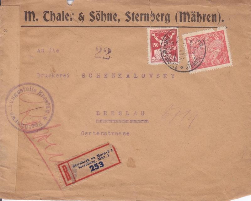 Sternberk, Czechoslovakia to Breslau, Poland, 1922, Registered (C1967)