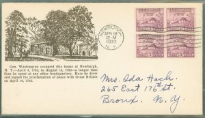 US 727 (1933) 3c Washington Headquarters/1783 Peace Proclamation between USA & UK-block of four on an addressed First Day cover