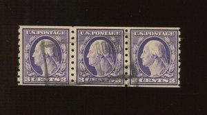 394 Used Coil Strip of 3 Stamps w/SPACING VARIETIES & PF Cert (Bz 973)