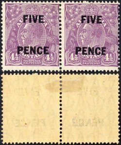 Australia 1930 SG 120 5d on 4 1/2d violet narrow E in PENCE mint pair