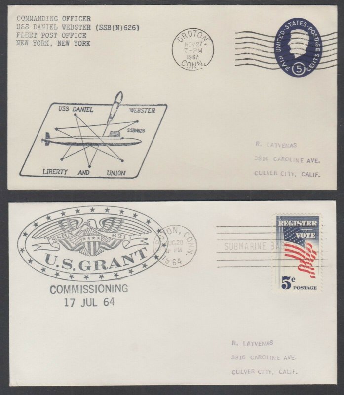 US, 1963 USS Daniel Webster & 1964 U.S. Grant Submarine Commissioning Covers