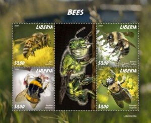 Liberia - 2020 Bees on Stamps - 4 Stamp Sheet - LIB200226a