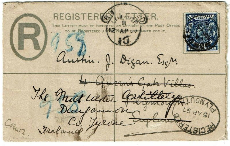 British East Africa 1897 Mombasa cancel on registry envelope to England