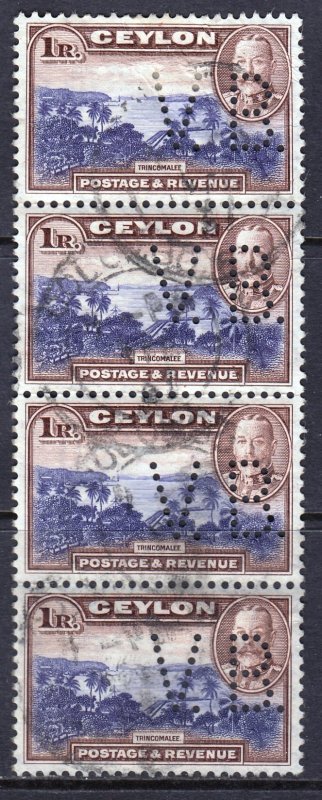 Ceylon 1935 KGV Rs.1 SG 378 Used Strip of 4 with Perfin V.B. CV £128