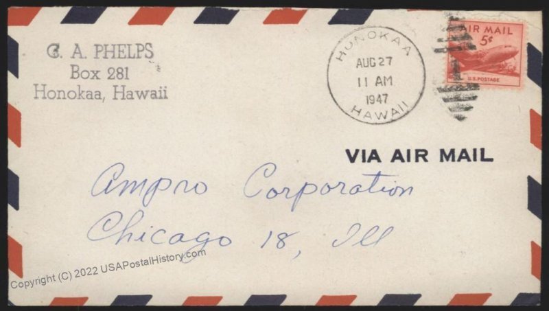 Hawaii USA 1947 HONOKAA Territorial Airmail Cover 109185