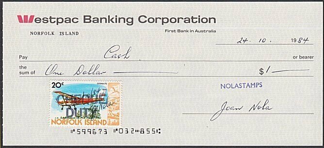 NORFOLK IS 1984 Cheque with 20c CHEQUE DUTY stamp...........................L421