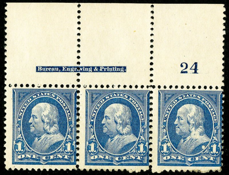 US Stamps # 247 MH Fresh strip of 3 w/ plate # Scott Value $275.00