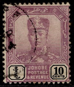 MALAYSIA - Johore EDVII SG67a, 10c dl purple & black, FINE USED. Cat £80. CHALKY