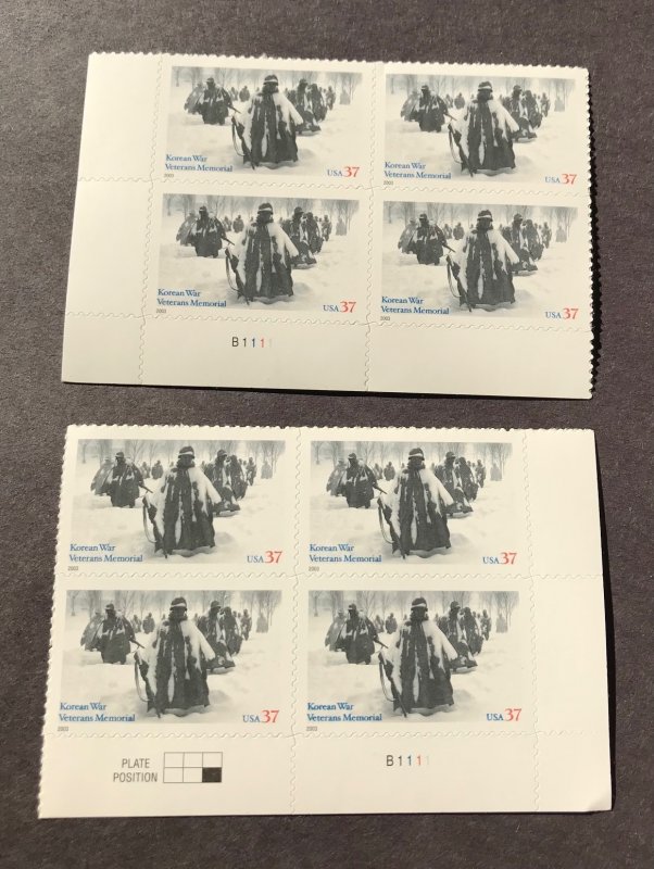 Korean War Veterans Memorial (2) Plate Blocks MNH (8) 37c Scott#3803  42nd Anniv