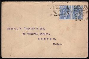 GB 1902 EVII 2½d (2) on cover to USA, London squared circle cancels........44608