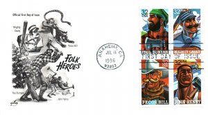 US FIRST DAY COVERS AMERICAN FOLK HEROES SET OF 4 IN BLOCK FORMAT AC CACHET 1996